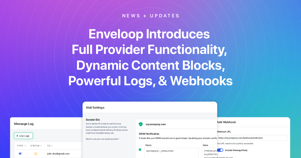Screenshots that show features included with Enveloop and settings for adding webhooks.